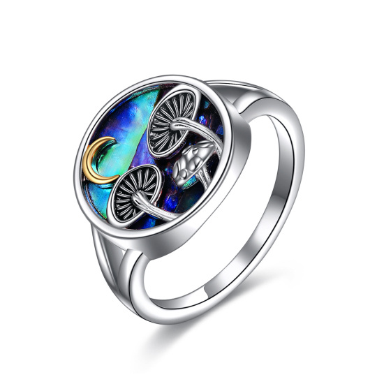 Sterling Silver Two-tone Circular Shaped Abalone Shellfish Mushroom & Moon Ring