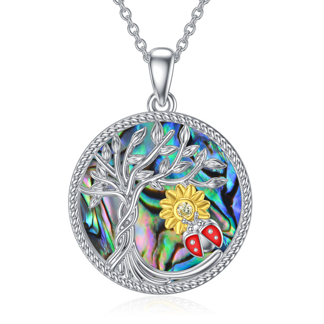 Sterling Silver Two-tone Circular Shaped Abalone Shellfish Mushroom & Tree Of Life Pendant Necklace-1