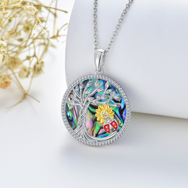 Sterling Silver Two-tone Circular Shaped Abalone Shellfish Mushroom & Tree Of Life Pendant Necklace-3