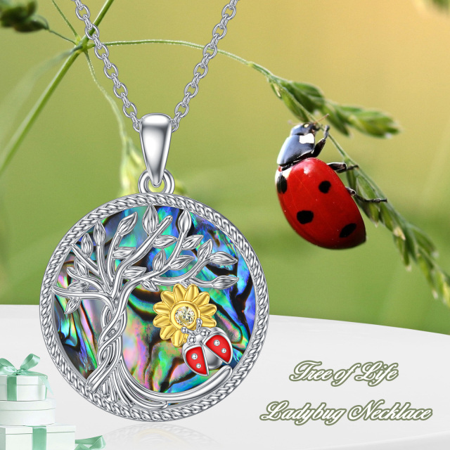 Sterling Silver Two-tone Circular Shaped Abalone Shellfish Mushroom & Tree Of Life Pendant Necklace-5