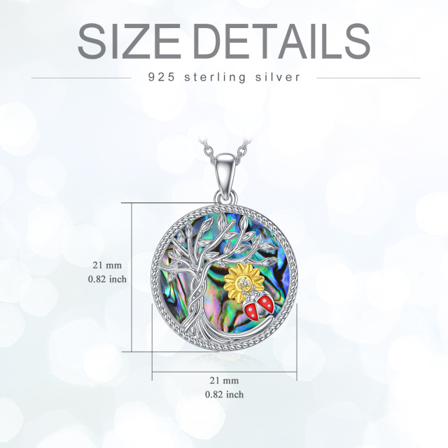 Sterling Silver Two-tone Circular Shaped Abalone Shellfish Mushroom & Tree Of Life Pendant Necklace-6