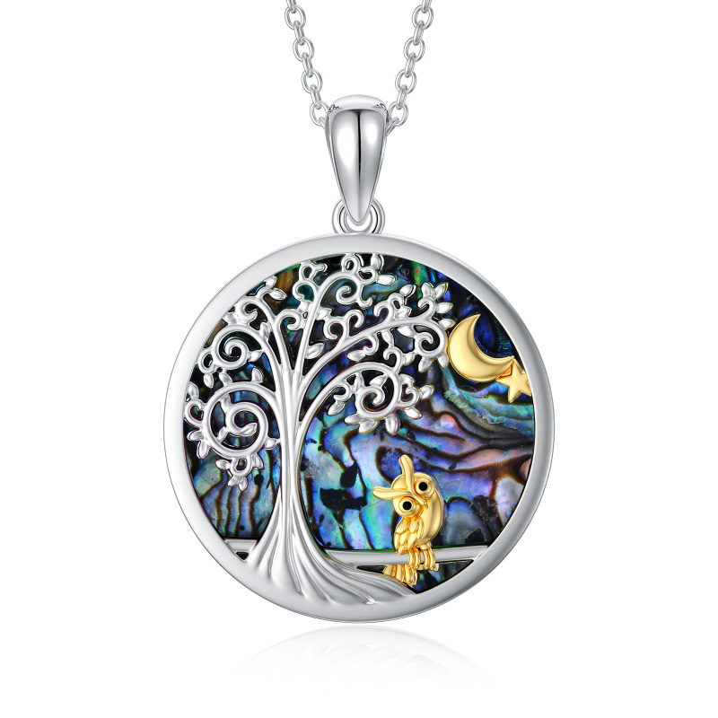 Sterling Silver Two-tone Circular Shaped Abalone Shellfish Owl & Tree Of Life Pendant Necklace-2