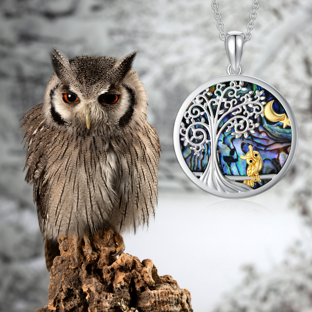 Sterling Silver Two-tone Circular Shaped Abalone Shellfish Owl & Tree Of Life Pendant Necklace-3