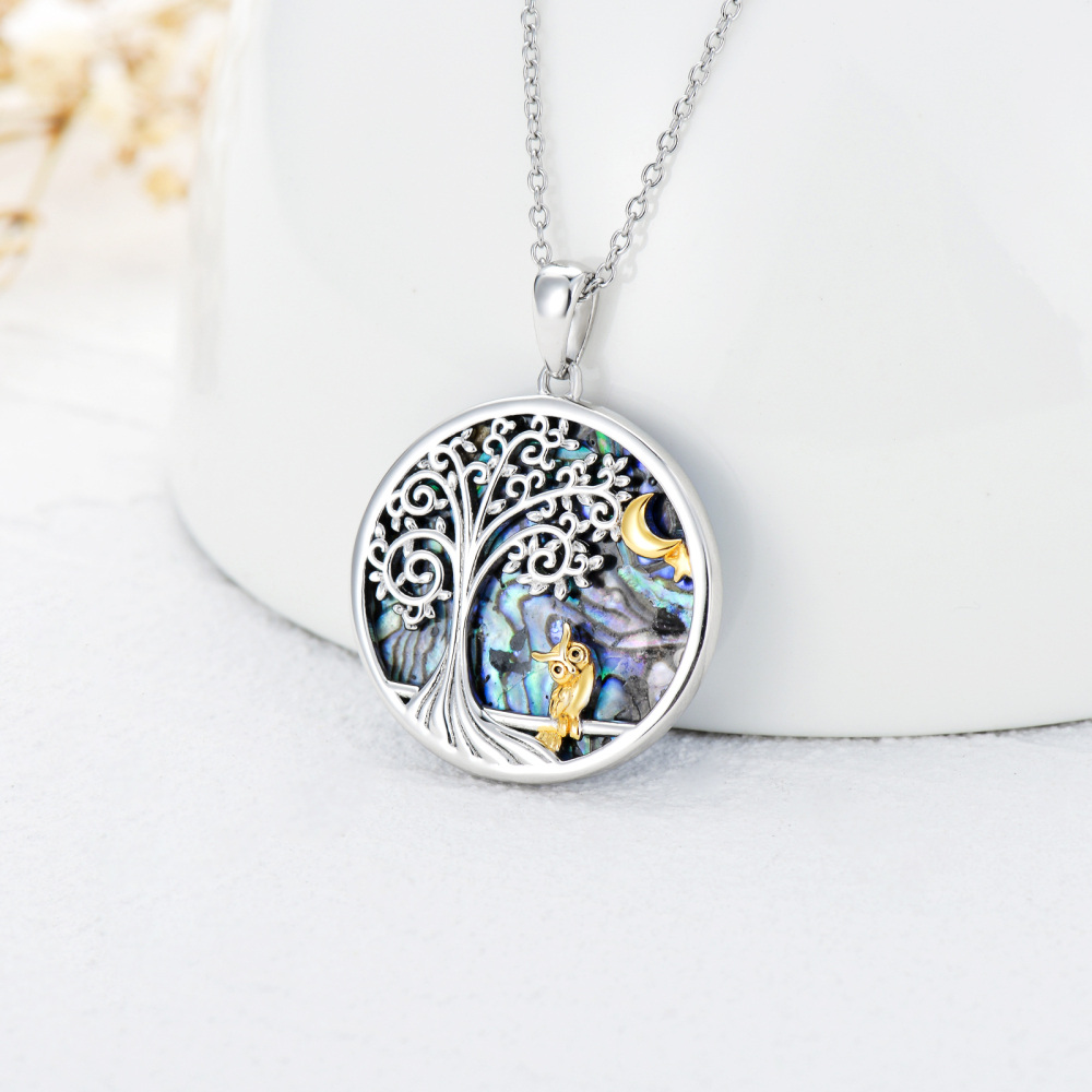 Sterling Silver Two-tone Circular Shaped Abalone Shellfish Owl & Tree Of Life Pendant Necklace-4