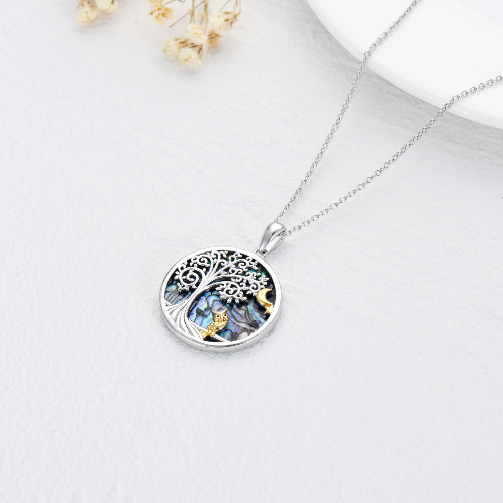 Sterling Silver Two-tone Circular Shaped Abalone Shellfish Owl & Tree Of Life Pendant Necklace-5