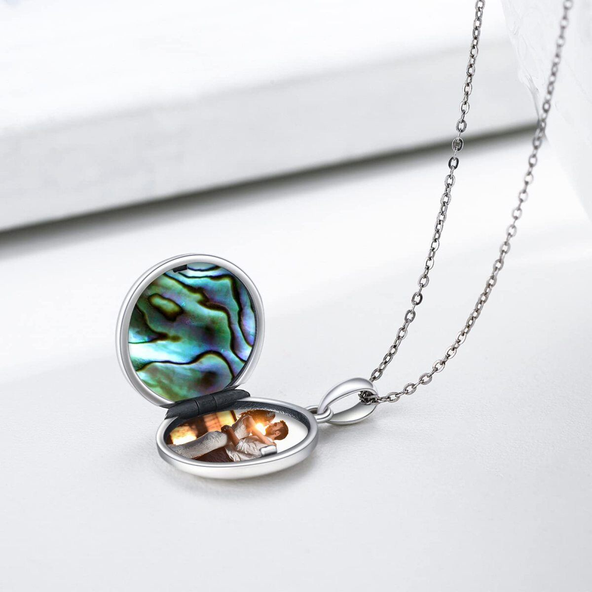 Sterling Silver Two-tone Circular Shaped Abalone Shellfish Personalized Photo & Mountains Personalized Photo Locket Necklace-4