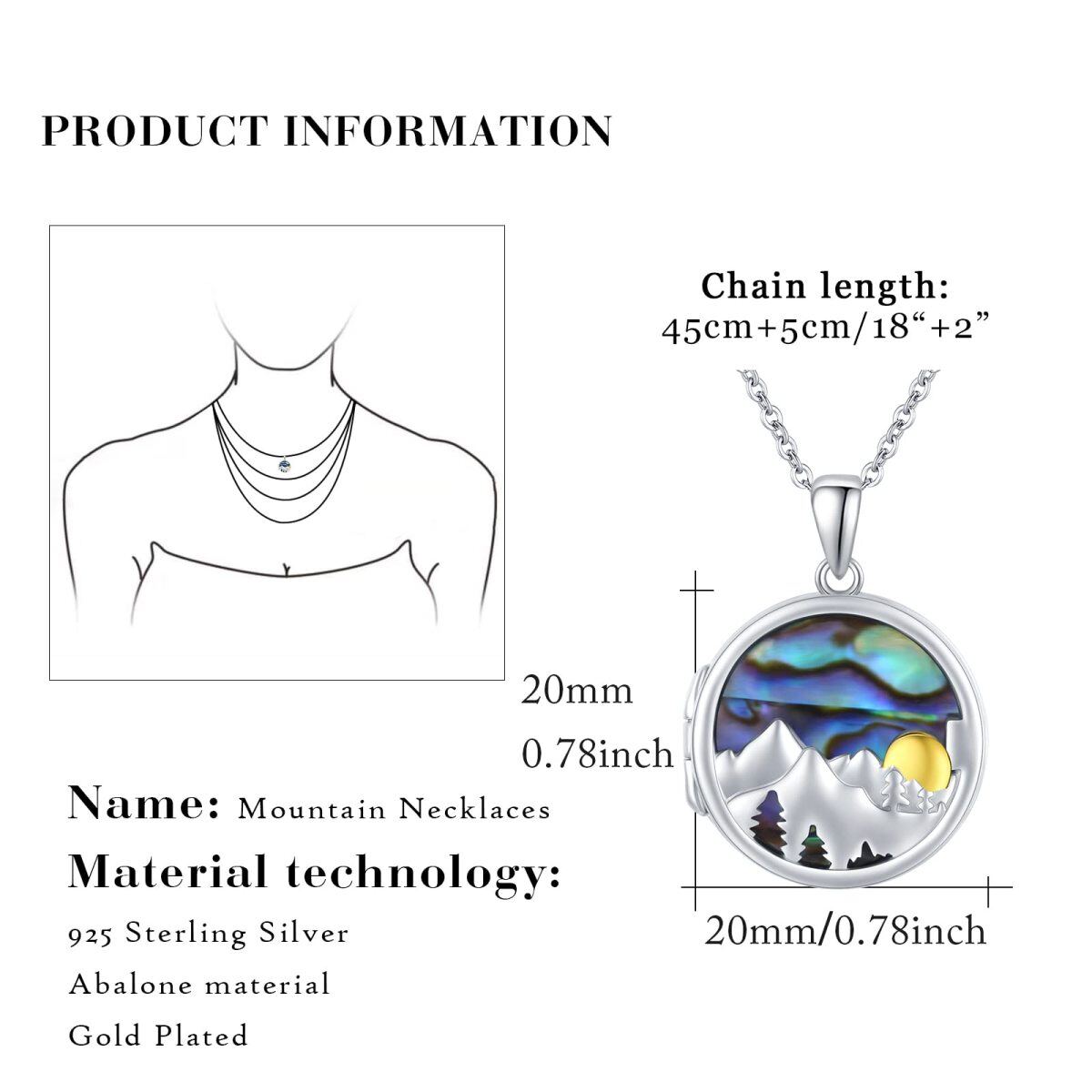 Sterling Silver Two-tone Circular Shaped Abalone Shellfish Personalized Photo & Mountains Personalized Photo Locket Necklace-5