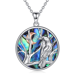 Sterling Silver Two-tone Circular Shaped Abalone Shellfish Raven & Tree Of Life Pendant Necklace-32