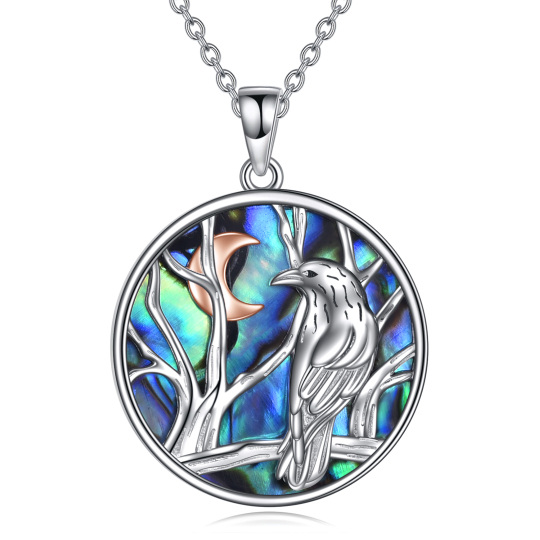 Sterling Silver Two-tone Circular Shaped Abalone Shellfish Raven & Tree Of Life Pendant Necklace