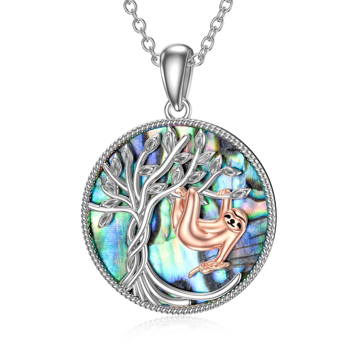 Sterling Silver Two-tone Circular Shaped Abalone Shellfish Sloth & Tree Of Life Pendant Necklace-1