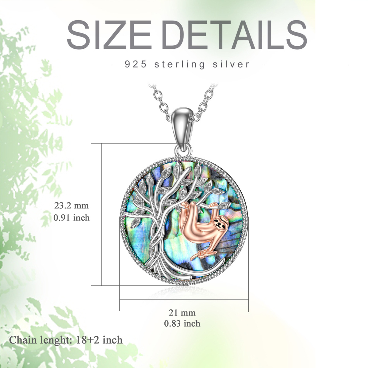 Sterling Silver Two-tone Circular Shaped Abalone Shellfish Sloth & Tree Of Life Pendant Necklace-2