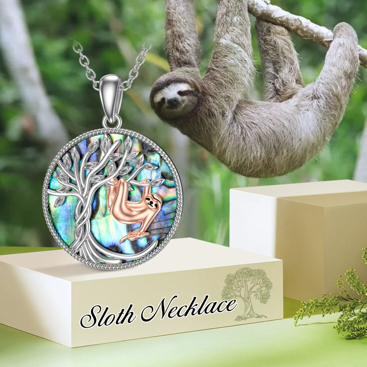 Sterling Silver Two-tone Circular Shaped Abalone Shellfish Sloth & Tree Of Life Pendant Necklace-3