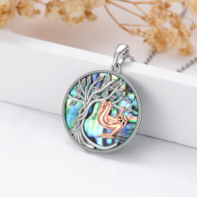 Sterling Silver Two-tone Circular Shaped Abalone Shellfish Sloth & Tree Of Life Pendant Necklace-5