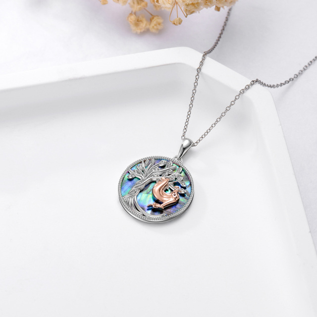 Sterling Silver Two-tone Circular Shaped Abalone Shellfish Sloth & Tree Of Life Pendant Necklace-6