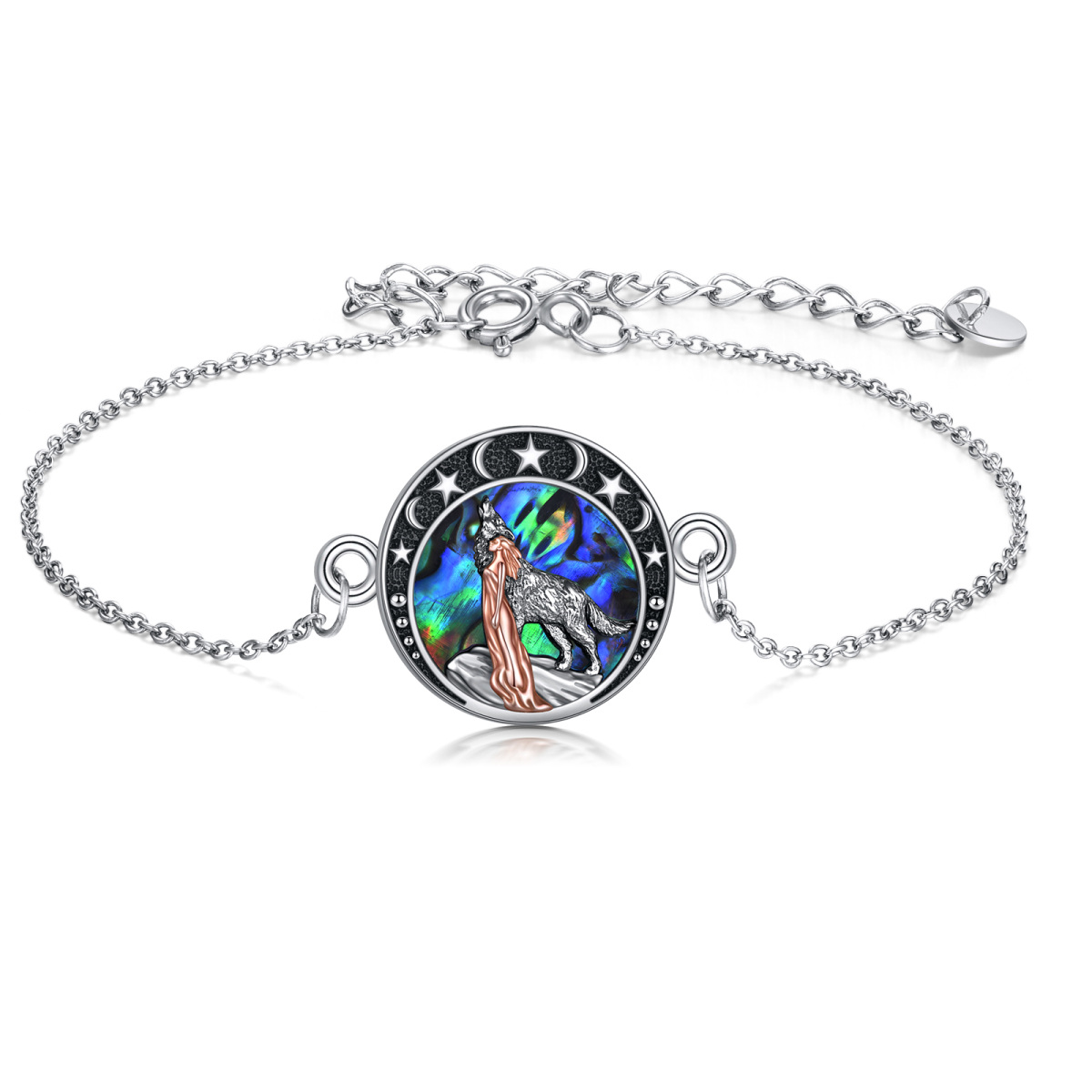 Sterling Silver Two-tone Circular Shaped Abalone Shellfish Wolf Single Layer Anklet-1