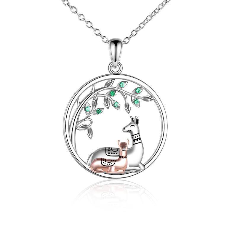 Sterling Silver Two-tone Circular Shaped Cubic Zirconia Alpaca Pendant Necklace-1