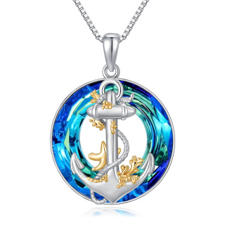 Sterling Silver Two-tone Circular Shaped Anchor Crystal Pendant Necklace-2