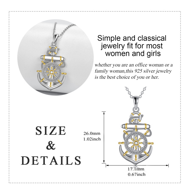 Sterling Silver Two-tone Circular Shaped Cubic Zirconia Anchor & Rudder Pendant Necklace-5