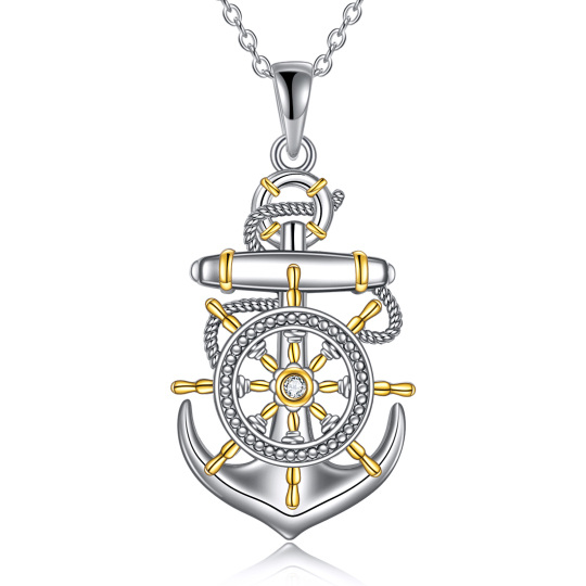 Sterling Silver Two-tone Circular Shaped Cubic Zirconia Anchor & Rudder Pendant Necklace