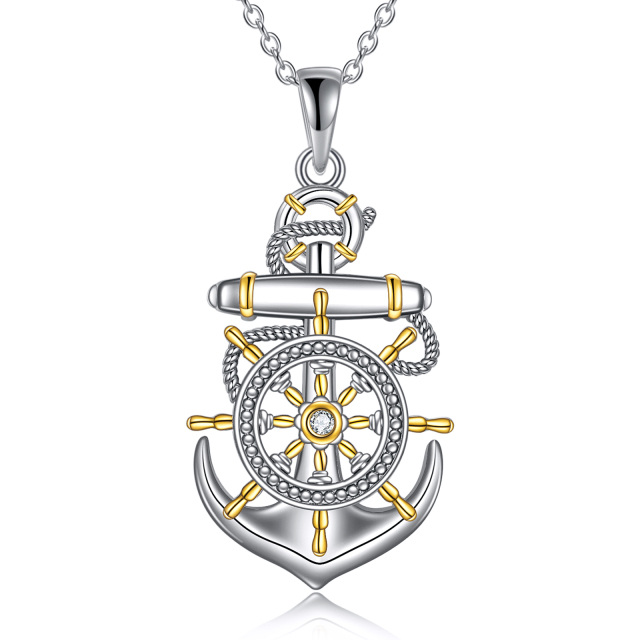 Sterling Silver Two-tone Circular Shaped Cubic Zirconia Anchor & Rudder Pendant Necklace-1