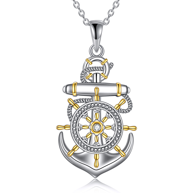 Sterling Silver Two-tone Circular Shaped Cubic Zirconia Anchor & Rudder Pendant Necklace-16