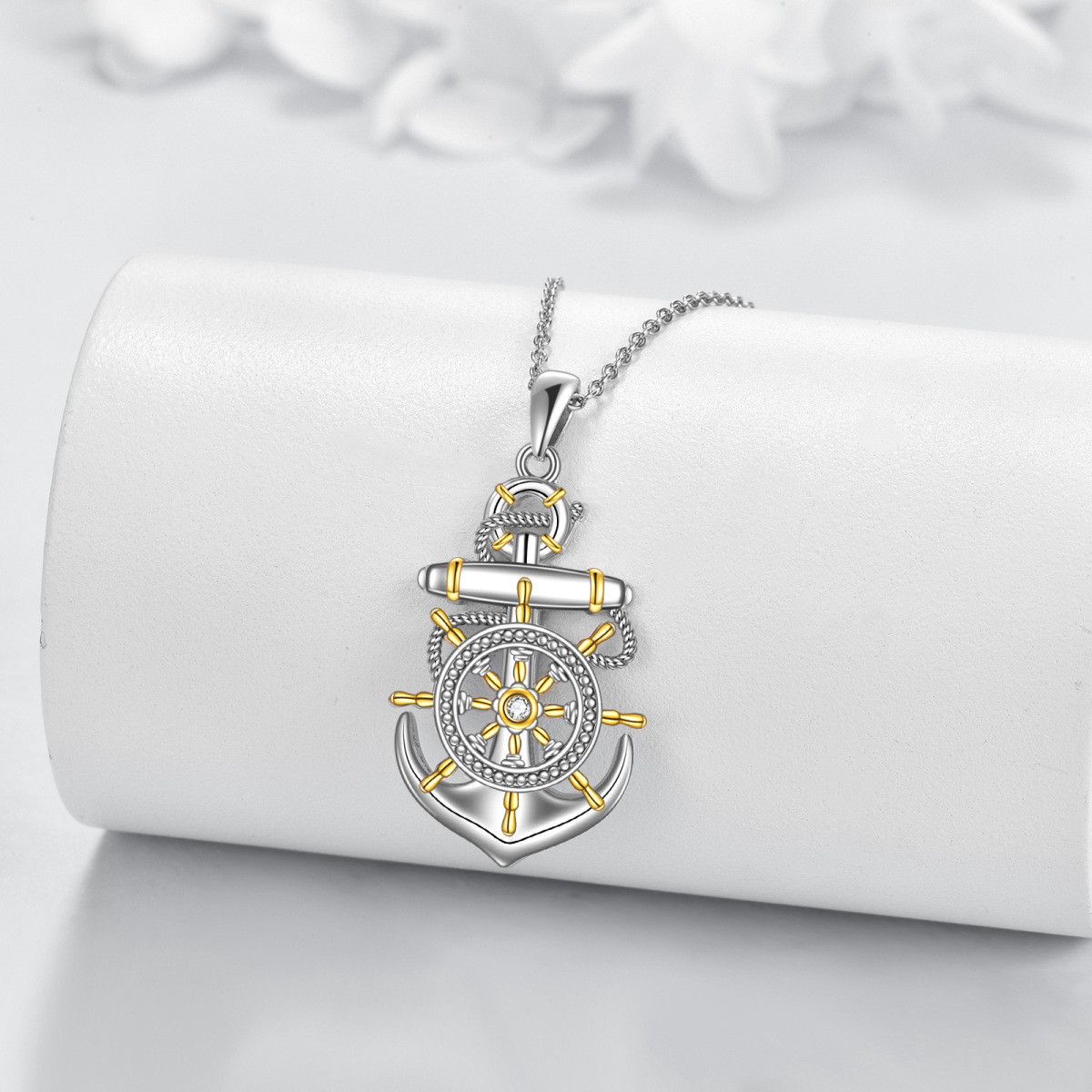 Sterling Silver Two-tone Circular Shaped Cubic Zirconia Anchor & Rudder Pendant Necklace-3