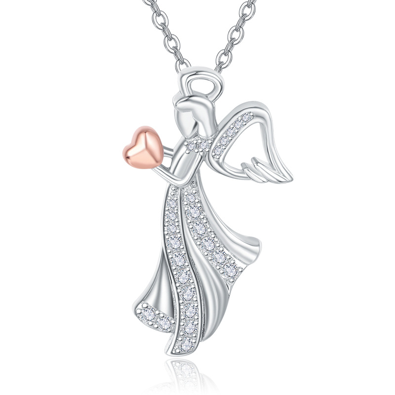 Sterling Silver Two-tone Circular Shaped Cubic Zirconia Angel & Heart Pendant Necklace-5