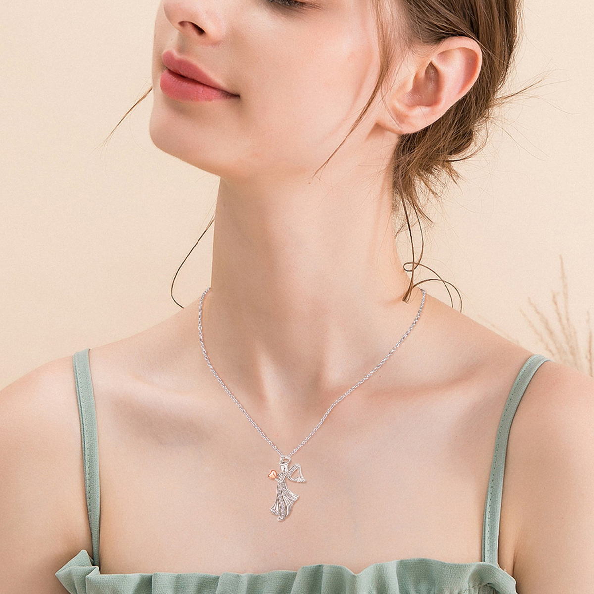 Collier en argent sterling avec pendentif ange et coeur en zircon cubique de forme circula-2