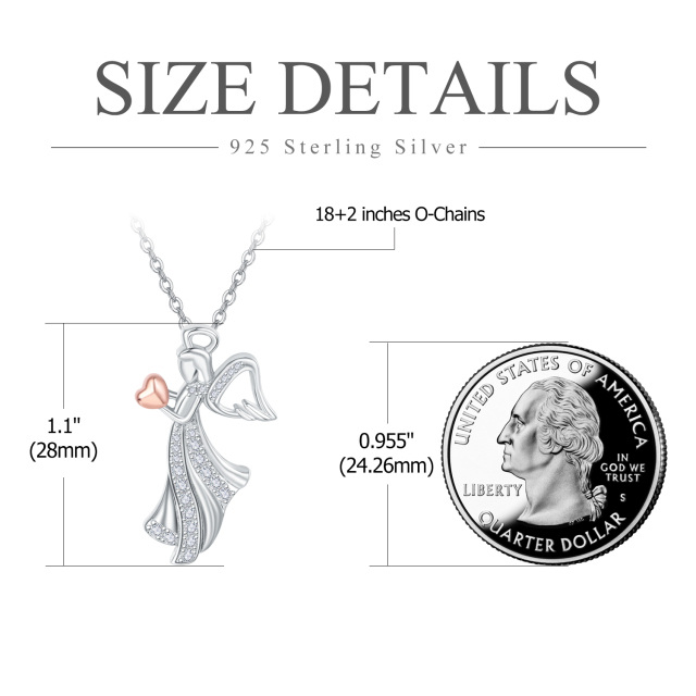 Sterling Silver Two-tone Circular Shaped Cubic Zirconia Angel & Heart Pendant Necklace-3