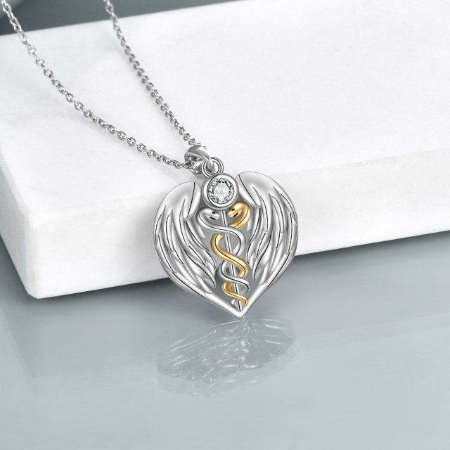 Sterling Silver Two-tone Circular Shaped Cubic Zirconia Angel Wing Pendant Necklace-4