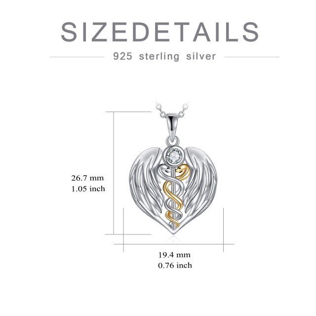 Sterling Silver Two-tone Circular Shaped Cubic Zirconia Angel Wing Pendant Necklace-5