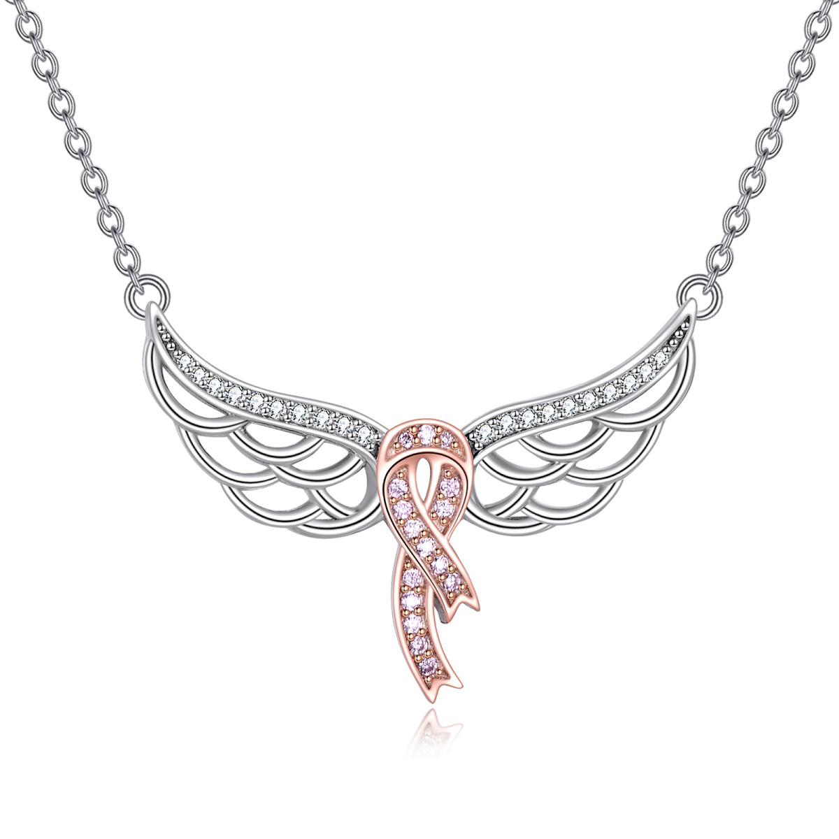 Sterling Silver Two-tone Circular Shaped Cubic Zirconia Angel Wing & Ribbon Pendant Necklace-1