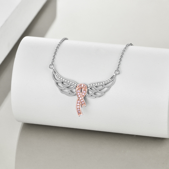 Sterling Silver Two-tone Circular Shaped Cubic Zirconia Angel Wing & Ribbon Pendant Necklace-3