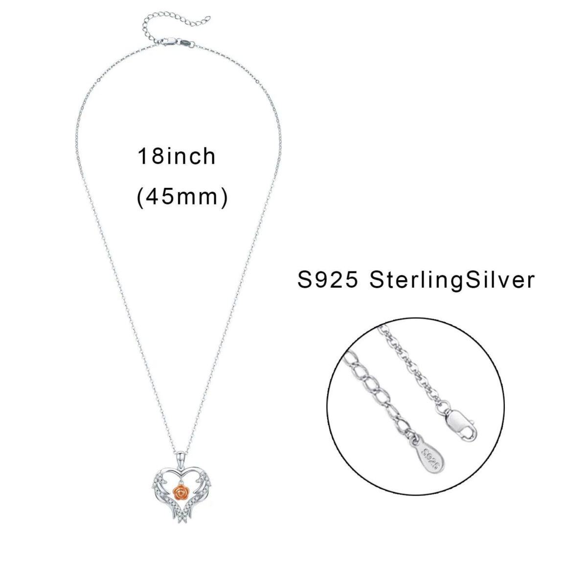 Sterling Silver Two-tone Circular Shaped Cubic Zirconia Angel Wings Pendant Necklace-6