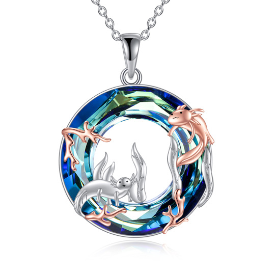 Sterling Silver Two-tone Circular Shaped Axolotl Crystal Pendant Necklace