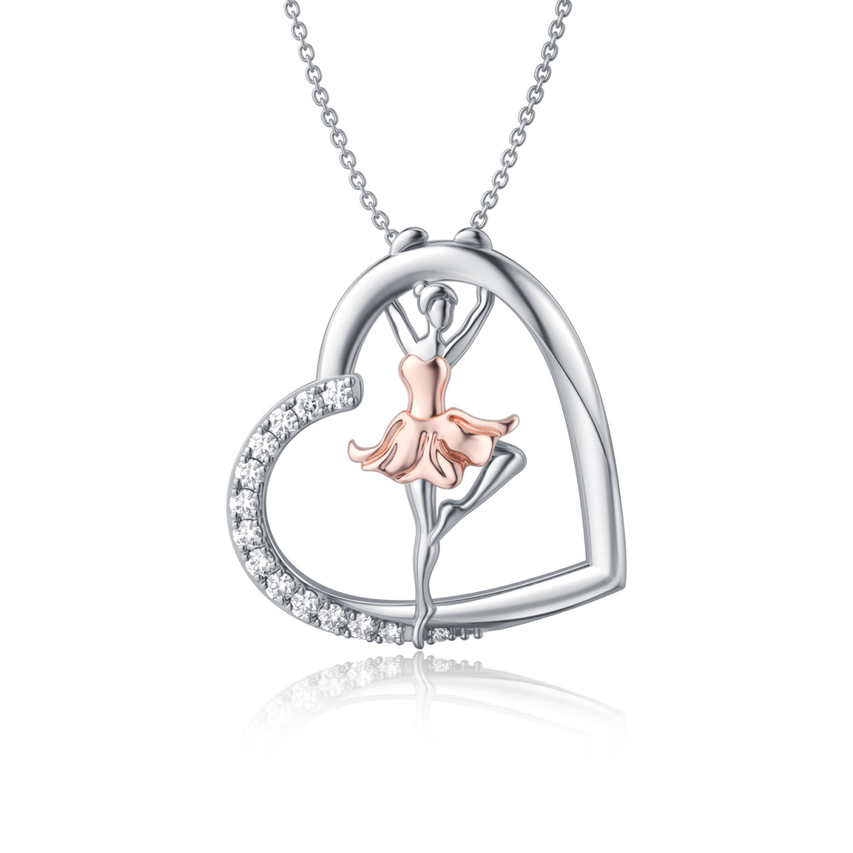 Sterling Silver Two-tone Circular Shaped Cubic Zirconia Ballet Dancer & Heart Pendant Necklace-1