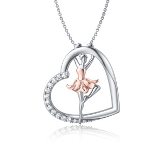 Sterling Silver Two-tone Circular Shaped Cubic Zirconia Ballet Dancer & Heart Pendant Necklace-4