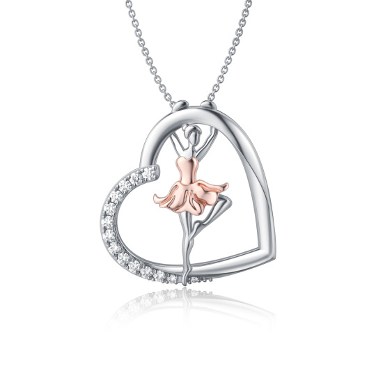 Sterling Silver Two-tone Circular Shaped Cubic Zirconia Ballet Dancer & Heart Pendant Necklace