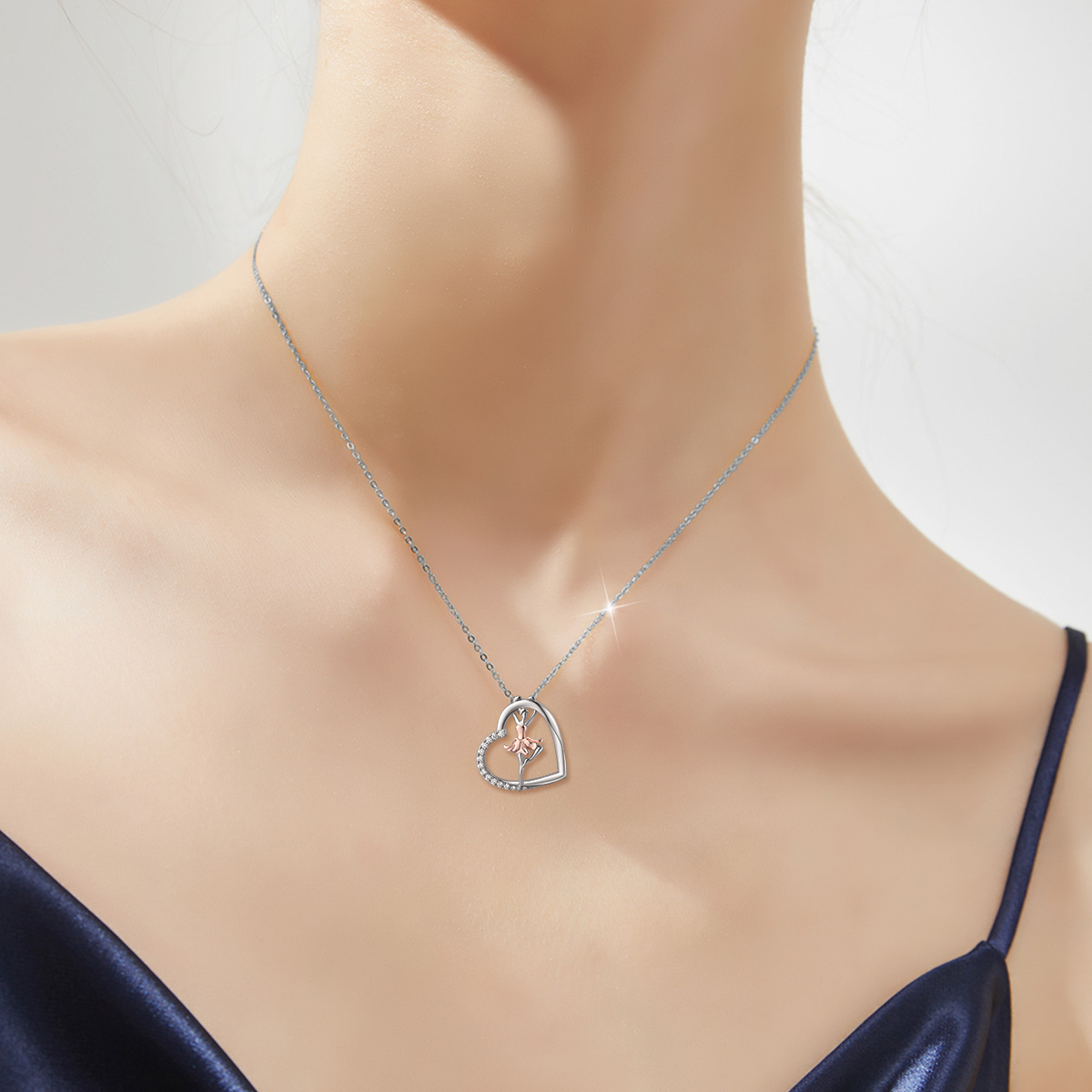 Sterling Silver Two-tone Circular Shaped Cubic Zirconia Ballet Dancer & Heart Pendant Necklace-2