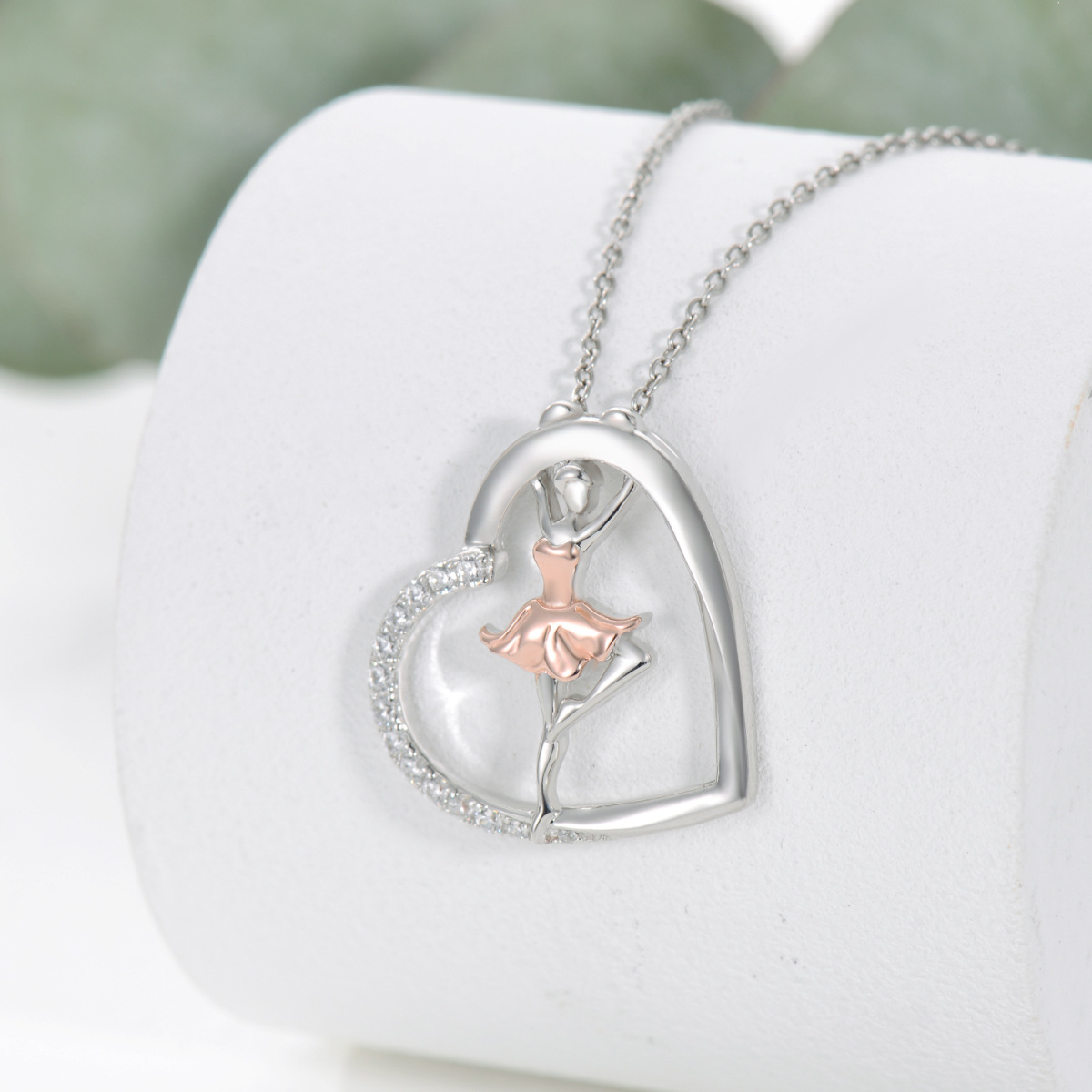 Sterling Silver Two-tone Circular Shaped Cubic Zirconia Ballet Dancer & Heart Pendant Necklace-3