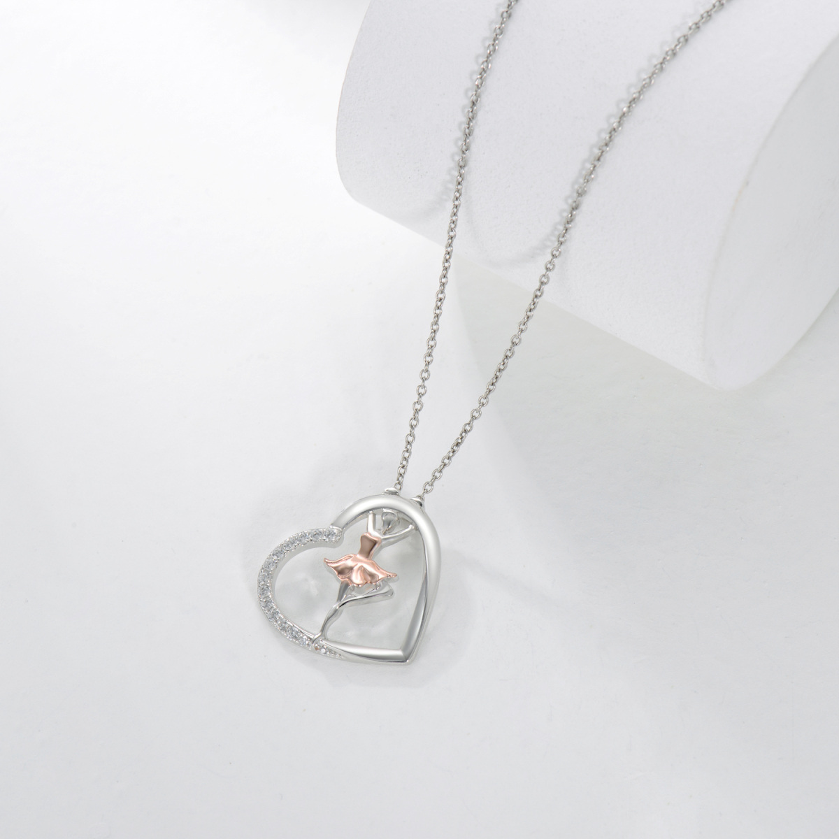 Sterling Silver Two-tone Circular Shaped Cubic Zirconia Ballet Dancer & Heart Pendant Necklace-4