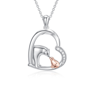 Sterling Silver Two-tone Circular Shaped Cubic Zirconia Bear & Heart Pendant Necklace-59