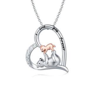 Sterling Silver Two-tone Circular Shaped Cubic Zirconia Bear & Heart Pendant Necklace with Engraved Word-55