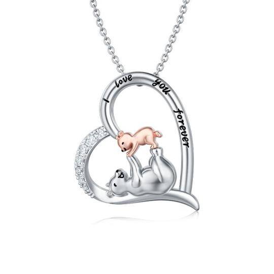 Sterling Silver Two-tone Circular Shaped Cubic Zirconia Bear & Heart Pendant Necklace with Engraved Word