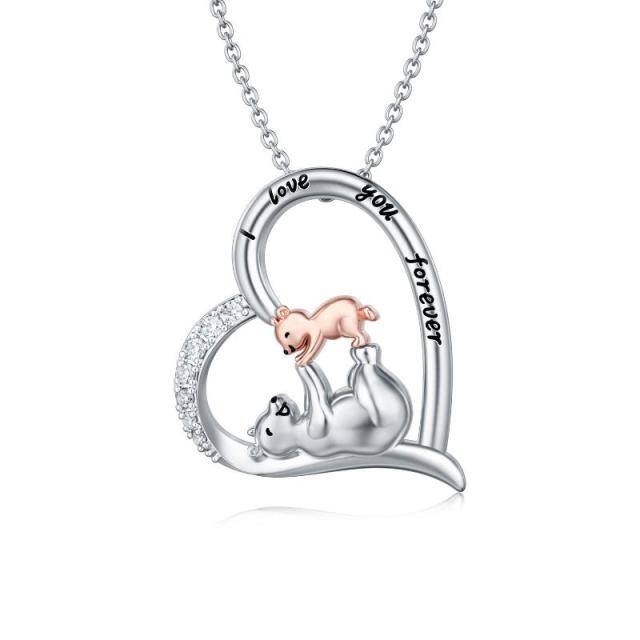 Sterling Silver Two-tone Circular Shaped Cubic Zirconia Bear & Heart Pendant Necklace with Engraved Word-5