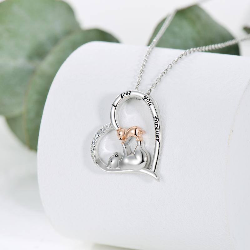 Sterling Silver Two-tone Circular Shaped Cubic Zirconia Bear & Heart Pendant Necklace with Engraved Word-3