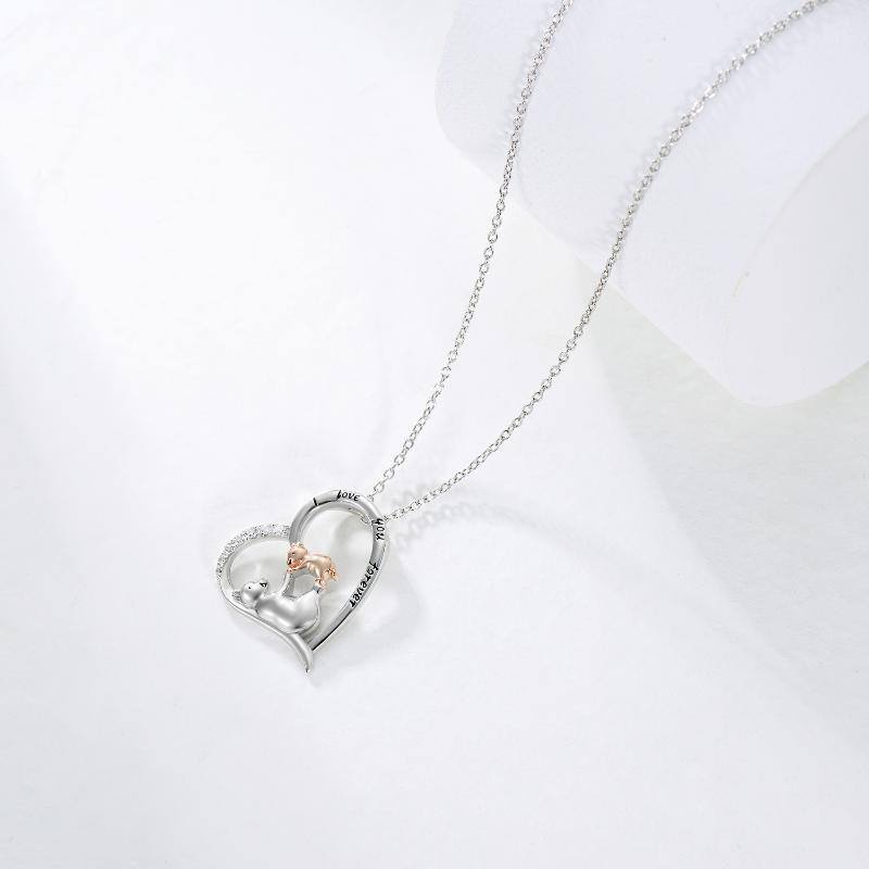 Sterling Silver Two-tone Circular Shaped Cubic Zirconia Bear & Heart Pendant Necklace with Engraved Word-4