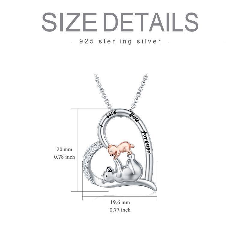 Sterling Silver Two-tone Circular Shaped Cubic Zirconia Bear & Heart Pendant Necklace with Engraved Word-5