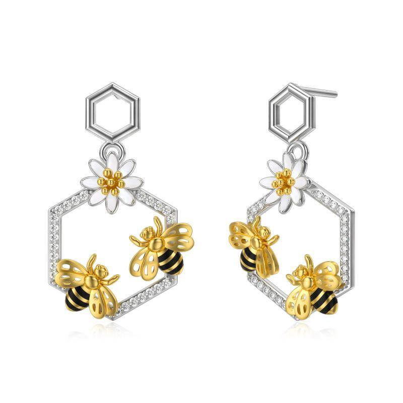 Boucles d'oreilles abeille et marguerite en argent sterling, de forme circulaire et bicolo-1