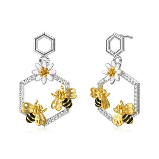 Sterling Silver Two-tone Circular Shaped Cubic Zirconia Bee & Daisy Stud Earrings